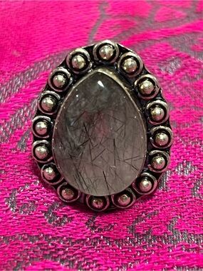 Silver Plated Teardrop Rutilated Quartz Ring Size 8